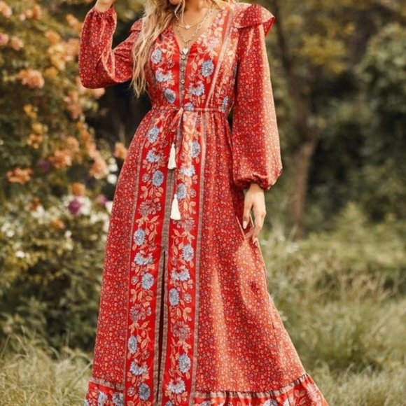 red Floral Ruffle detailed Drawstring Waist Split Hem Maxi Cottagecore Dress - Picture 6 of 6